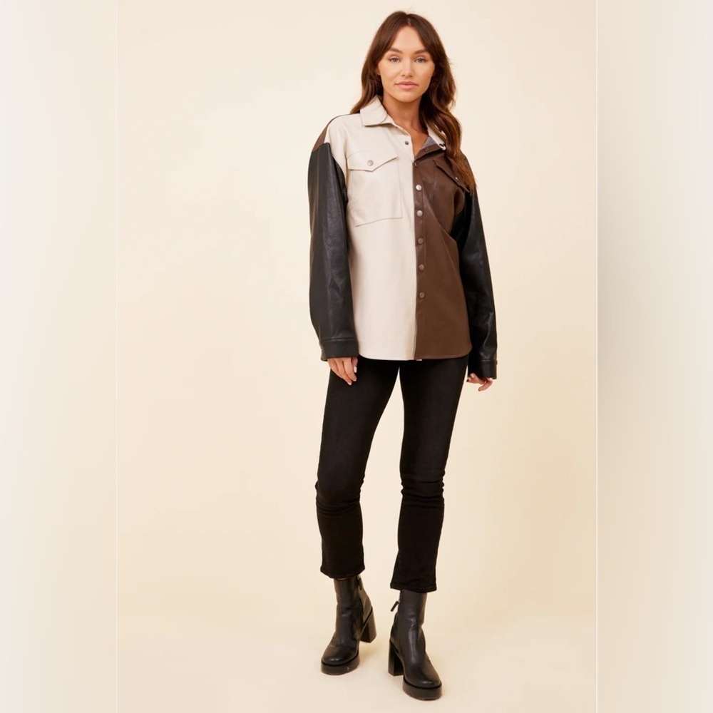 BiBi Color Block Faux Leather Shacket - Picture 2 of 13